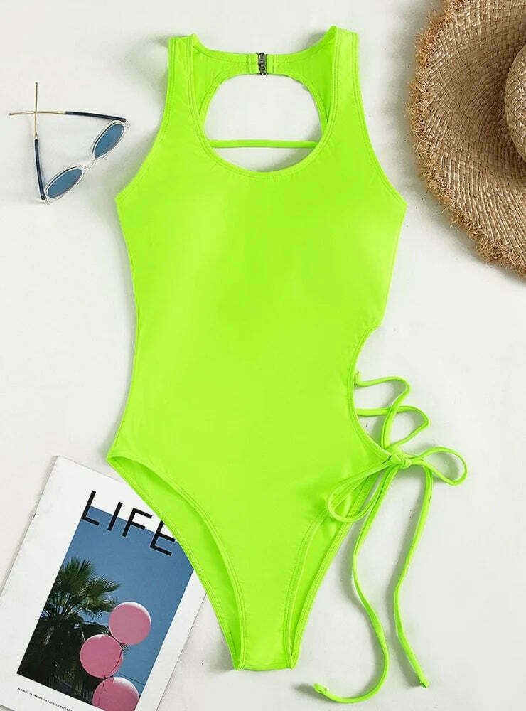 Y2K Fashion: Sexy Hollow Lace-Up One Piece Bikini - Coquette Aesthetic Beachwear