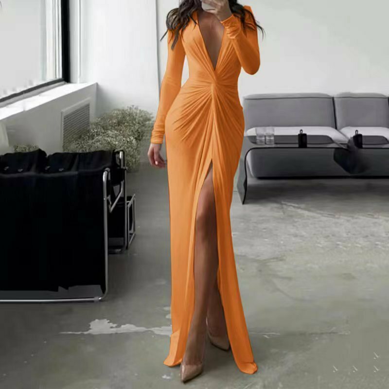 Y2K Fashion Sexy Slit V-Neck Bodycon Dress - Coquette Aesthetic Grunge Style Pleated Dress