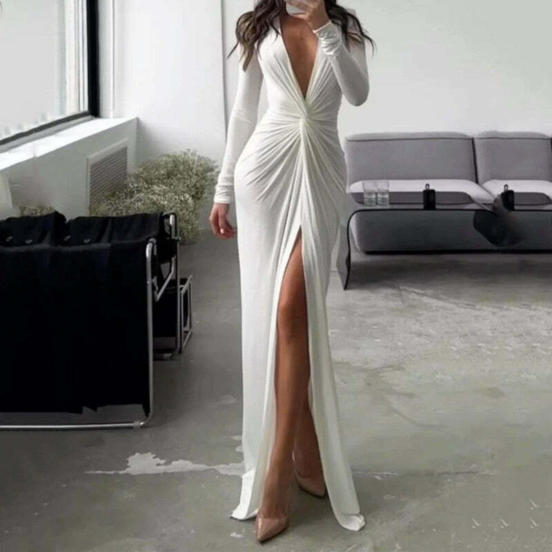 Y2K Fashion Sexy Slit V-Neck Bodycon Dress - Coquette Aesthetic Grunge Style Pleated Dress