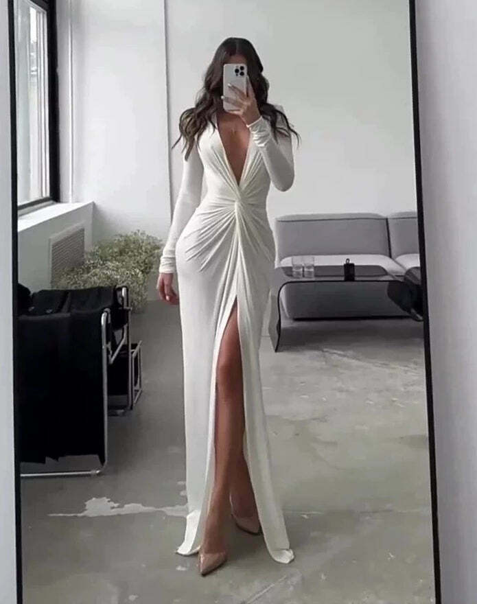 Y2K Fashion Sexy Slit V-Neck Bodycon Dress - Coquette Aesthetic Grunge Style Pleated Dress
