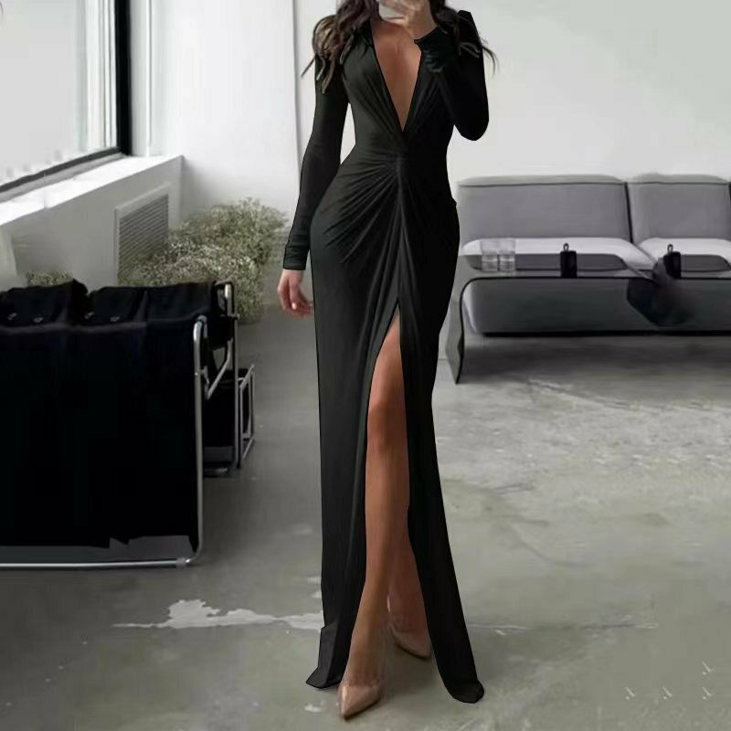 Y2K Fashion Sexy Slit V-Neck Bodycon Dress - Coquette Aesthetic Grunge Style Pleated Dress