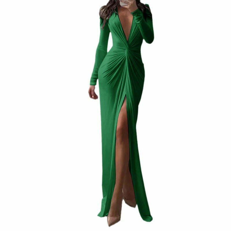 Y2K Fashion Sexy Slit V-Neck Bodycon Dress - Coquette Aesthetic Grunge Style Pleated Dress