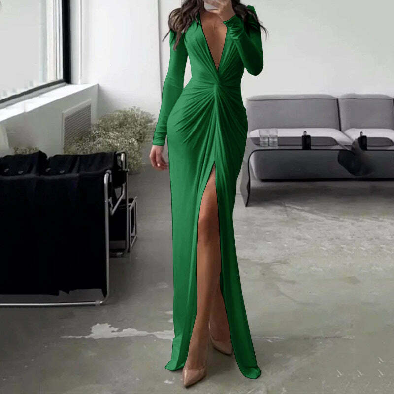 Y2K Fashion Sexy Slit V-Neck Bodycon Dress - Coquette Aesthetic Grunge Style Pleated Dress