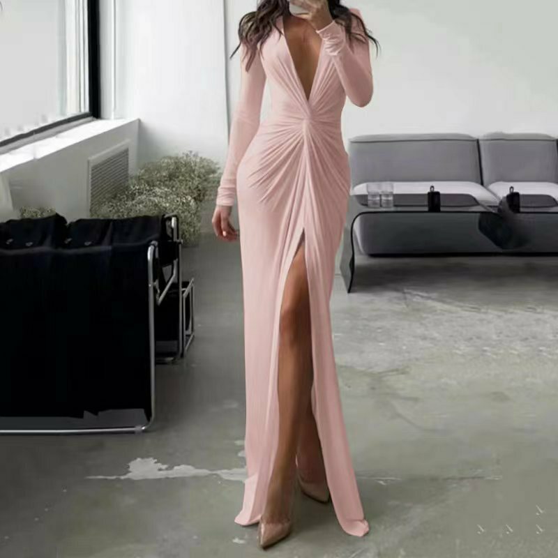Y2K Fashion Sexy Slit V-Neck Bodycon Dress - Coquette Aesthetic Grunge Style Pleated Dress