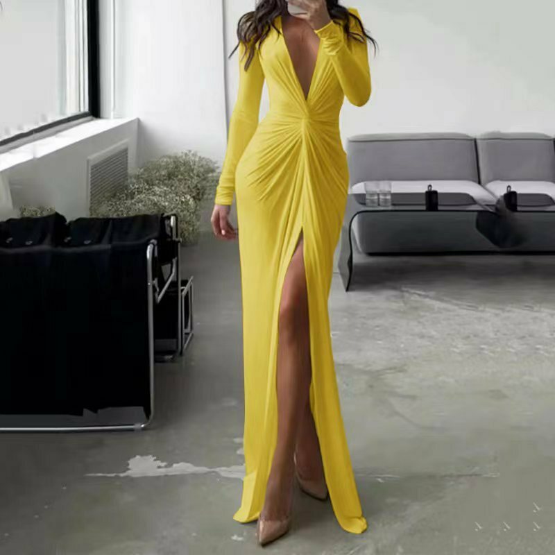 Y2K Fashion Sexy Slit V-Neck Bodycon Dress - Coquette Aesthetic Grunge Style Pleated Dress