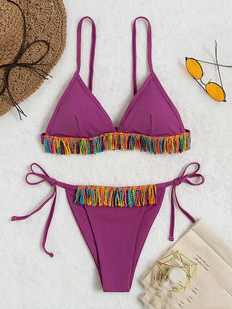 Y2K Fashion Sexy Women's Tassel Bikini - Coquette Aesthetic Grunge Style - Pastel Goth Cargo Skirt