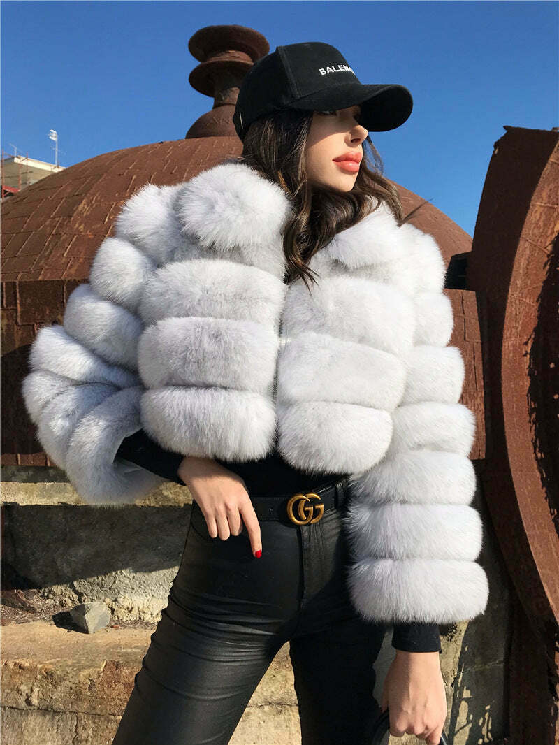 Y2K Fashion Short Fur Coat - Coquette Grunge Cute Tops Pastel Goth Cargo Skirt