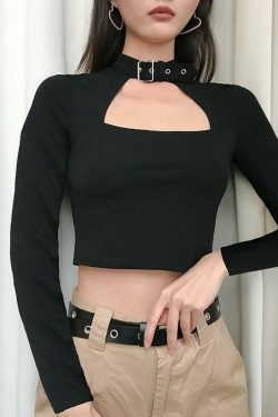 Y2K Fashion Short Sleeve Buckled Crop Top with Cutout Detail
