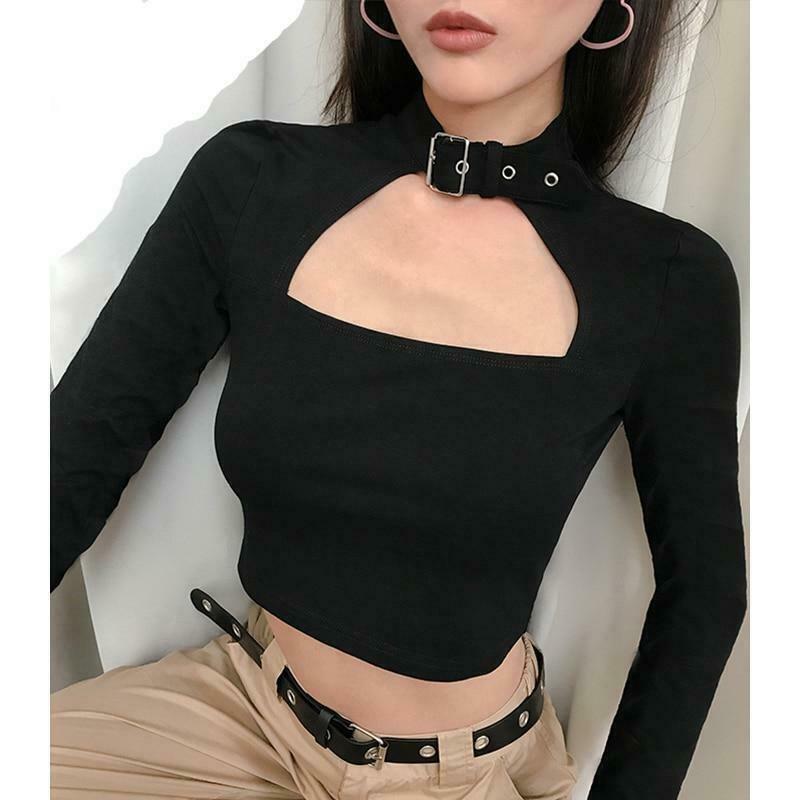 Y2K Fashion Short Sleeve Buckled Crop Top with Cutout Detail