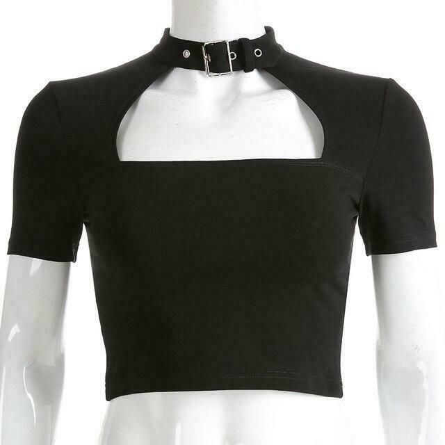 Y2K Fashion Short Sleeve Buckled Crop Top with Cutout Detail