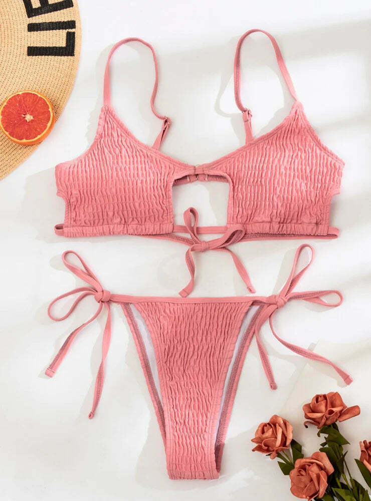 Y2K Fashion Solid Color Hollow Pleats Bikini - Coquette Aesthetic Grunge Style Retro Swimwear