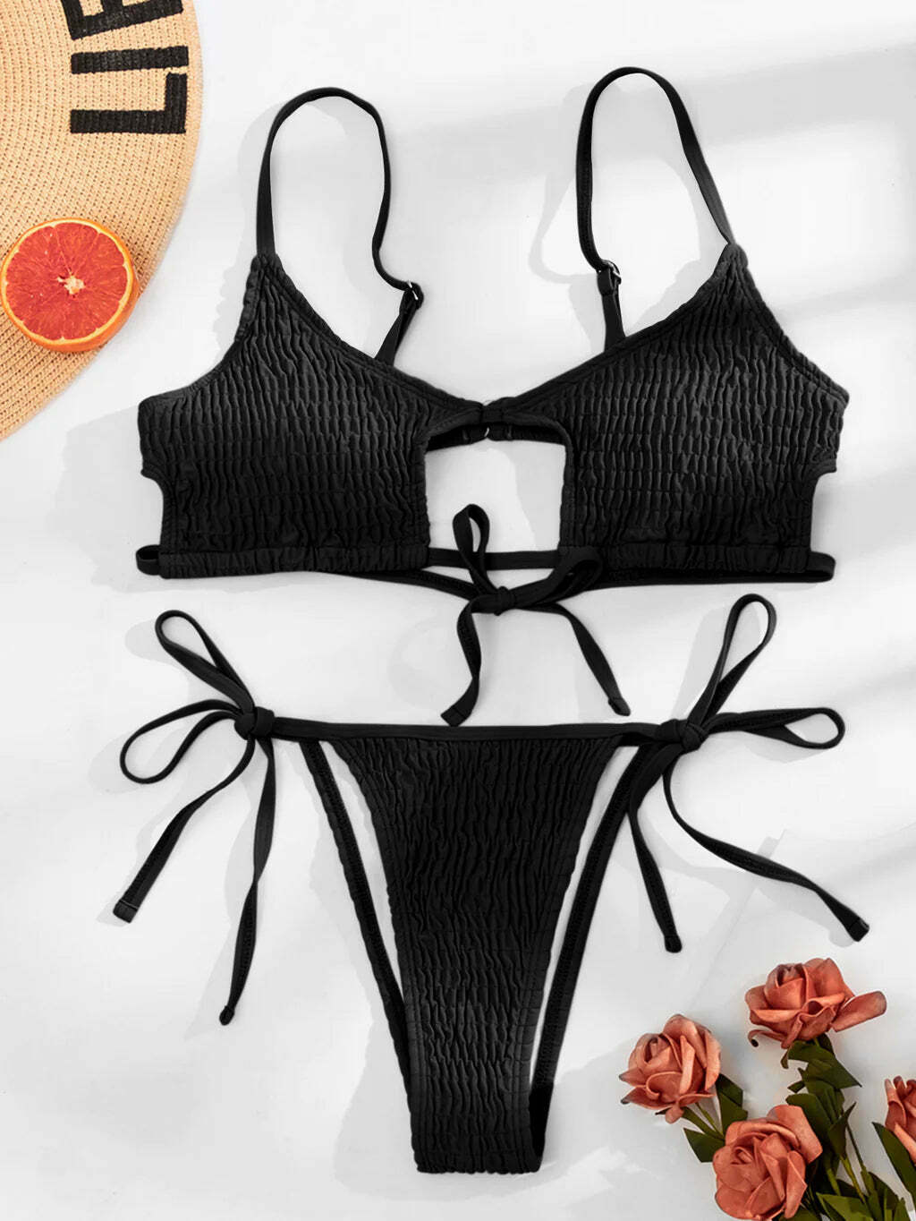 Y2K Fashion Solid Color Hollow Pleats Bikini - Coquette Aesthetic Grunge Style Retro Swimwear