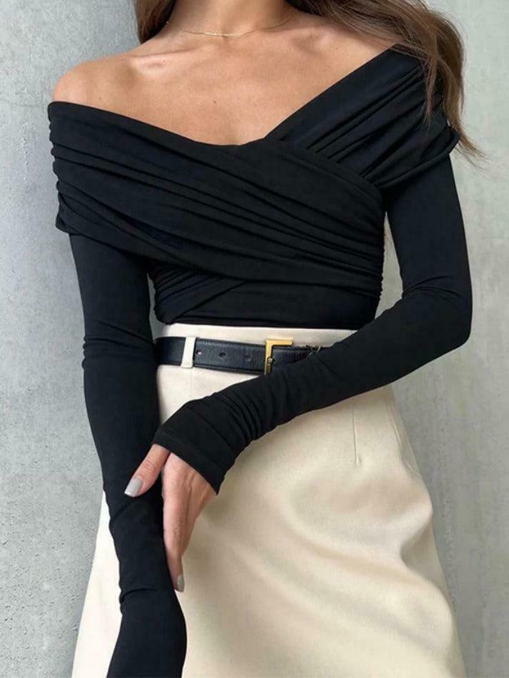 Y2K Fashion Solid Crossover Pleated Tee - Coquette Grunge Aesthetic Cute Tops & Cargo Skirt