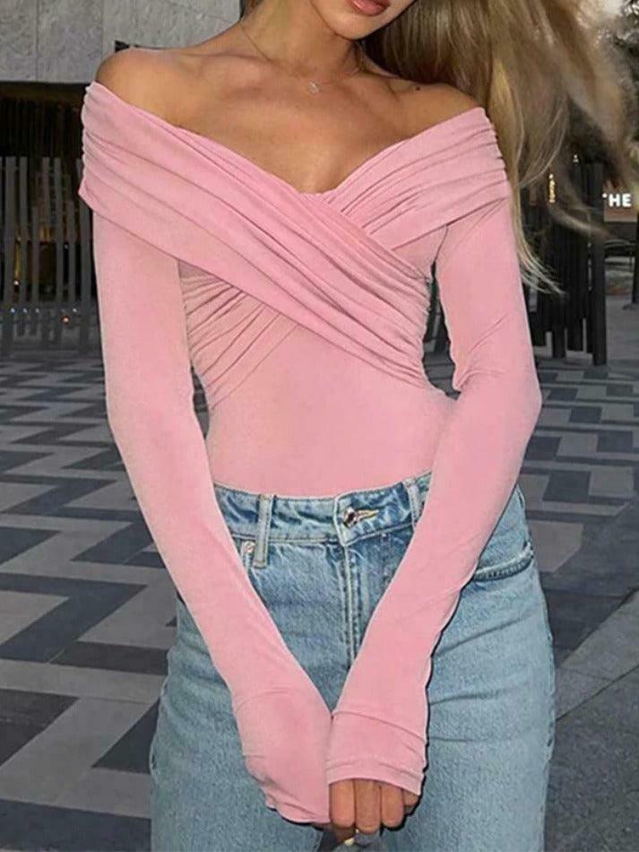 Y2K Fashion Solid Crossover Pleated Tee - Coquette Grunge Aesthetic Cute Tops & Cargo Skirt
