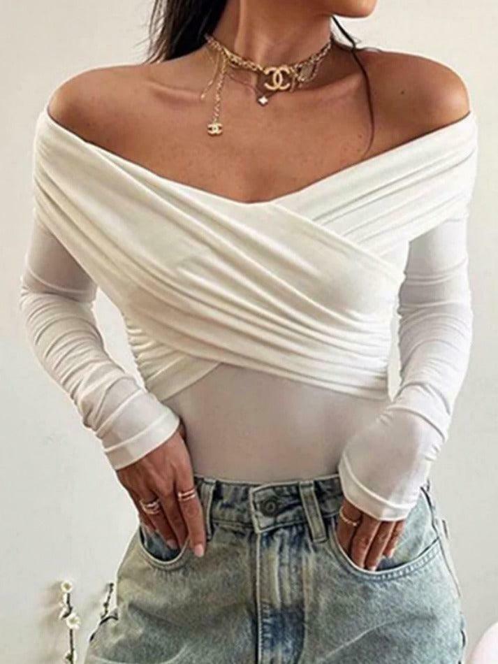 Y2K Fashion Solid Crossover Pleated Tee - Coquette Grunge Aesthetic Cute Tops & Cargo Skirt