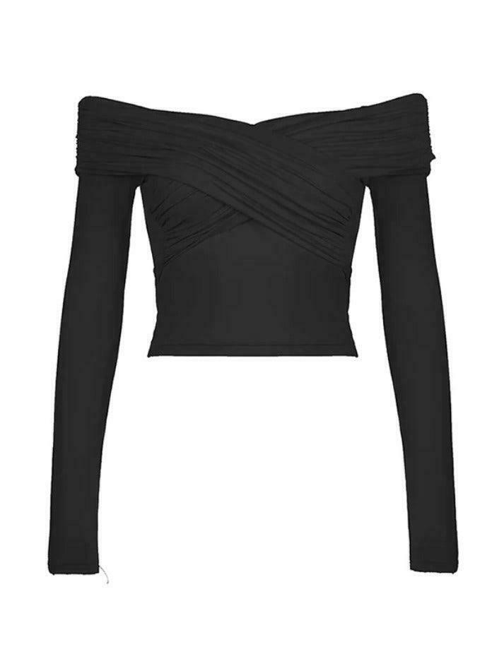 Y2K Fashion Solid Crossover Pleated Tee - Coquette Grunge Aesthetic Cute Tops & Cargo Skirt