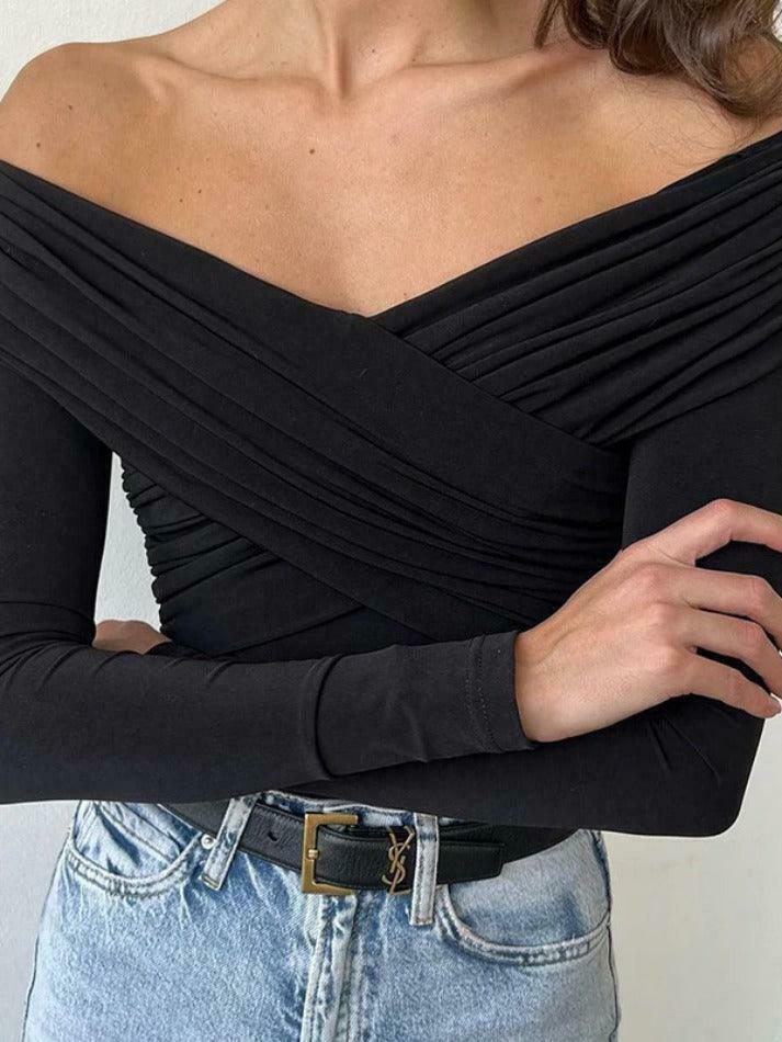 Y2K Fashion Solid Crossover Pleated Tee - Coquette Grunge Aesthetic Cute Tops & Cargo Skirt