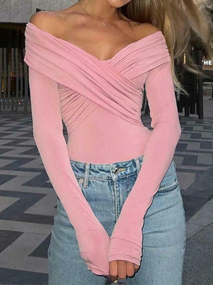 Y2K Fashion Solid Crossover Pleated Tee - Coquette Grunge Aesthetic Cute Tops & Cargo Skirt