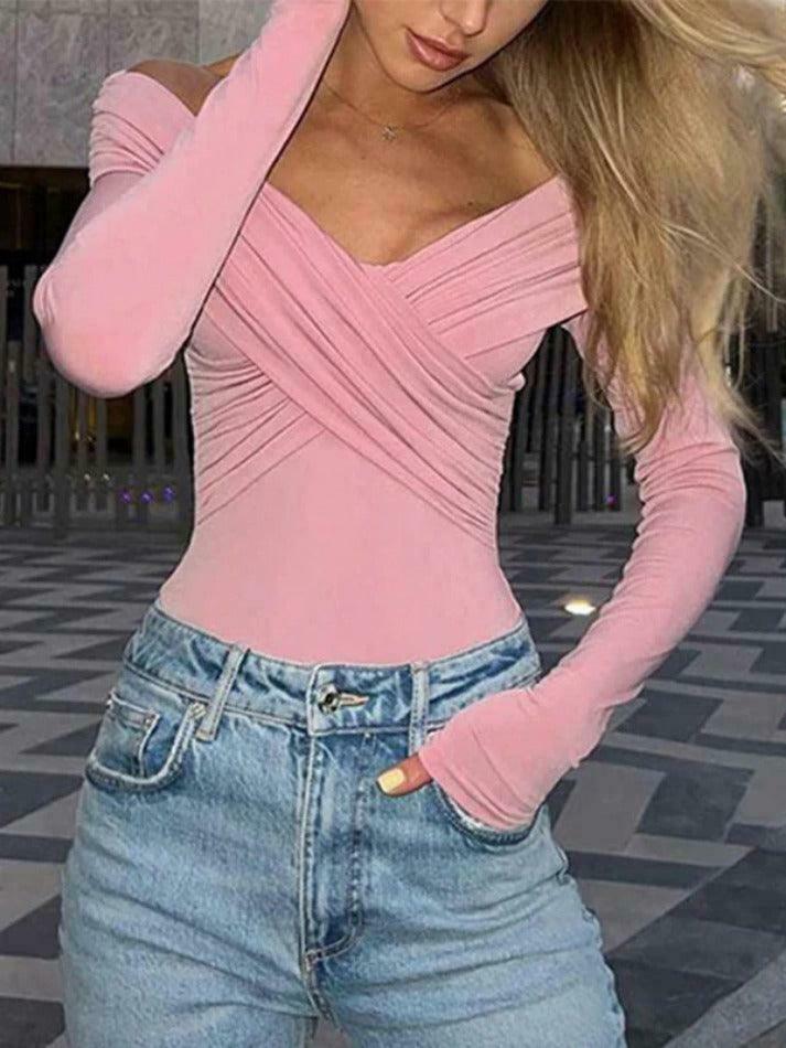 Y2K Fashion Solid Crossover Pleated Tee - Coquette Grunge Aesthetic Cute Tops & Cargo Skirt