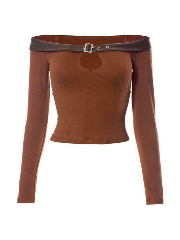 Y2K Fashion Solid Cutout Leather Splice Off Shoulder Long Sleeve Top