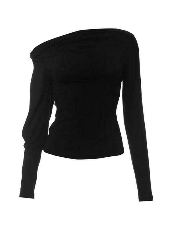 Y2K Fashion Solid One Shoulder Cutout Sleeve Long Sleeve Tee - Coquette Aesthetic Grunge Style