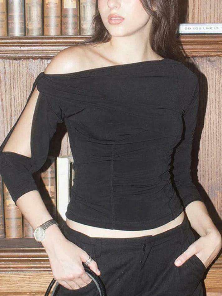 Y2K Fashion Solid One Shoulder Cutout Sleeve Long Sleeve Tee - Coquette Aesthetic Grunge Style