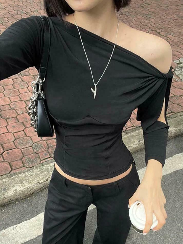 Y2K Fashion Solid One Shoulder Cutout Sleeve Long Sleeve Tee - Coquette Aesthetic Grunge Style