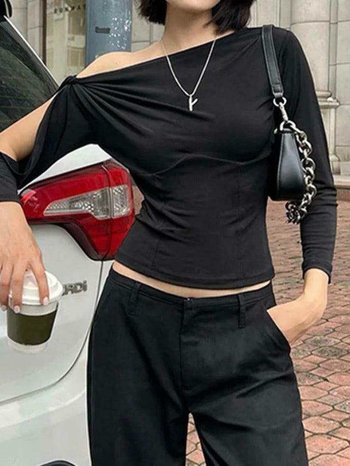 Y2K Fashion Solid One Shoulder Cutout Sleeve Long Sleeve Tee - Coquette Aesthetic Grunge Style