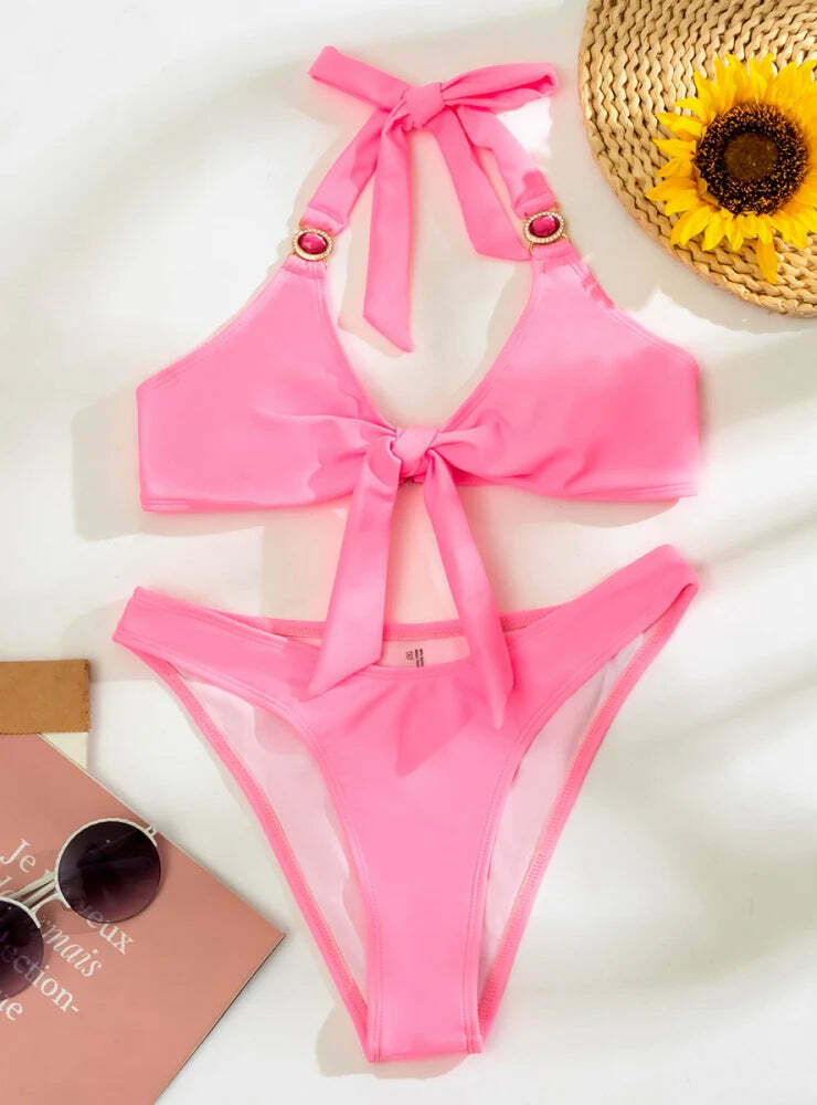 Y2K Fashion Split Gathered Deep V Tether Backless Bikini - Coquette Aesthetic Grunge Style