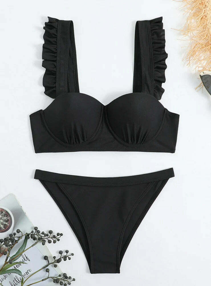 Y2K Fashion Split Hard Cup Pleated Swimsuit with Flash Strap