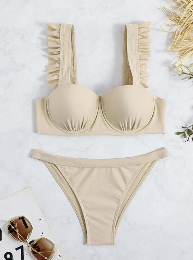 Y2K Fashion Split Hard Cup Pleated Swimsuit with Flash Strap