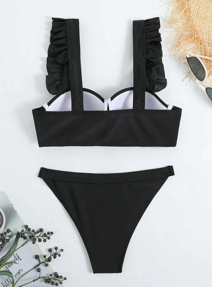 Y2K Fashion Split Hard Cup Pleated Swimsuit with Flash Strap