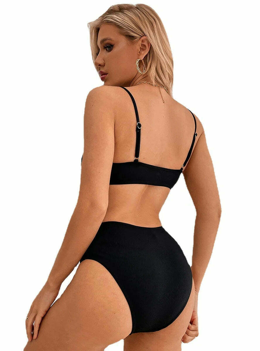 Y2K Fashion Split Solid Color Suspender Backless Bikini