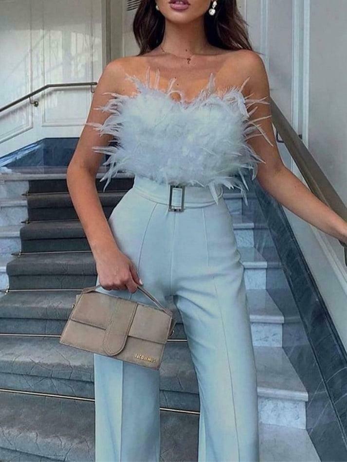 Y2K Fashion Strapless Feather Accent Wide Leg Jumpsuit - Coquette Aesthetic Grunge Style