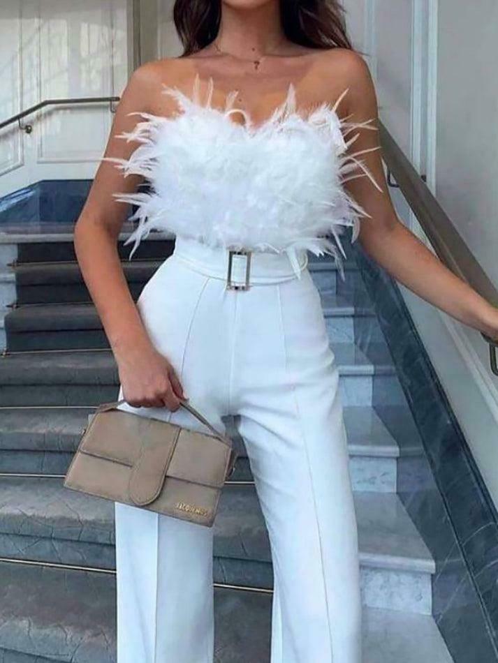 Y2K Fashion Strapless Feather Accent Wide Leg Jumpsuit - Coquette Aesthetic Grunge Style