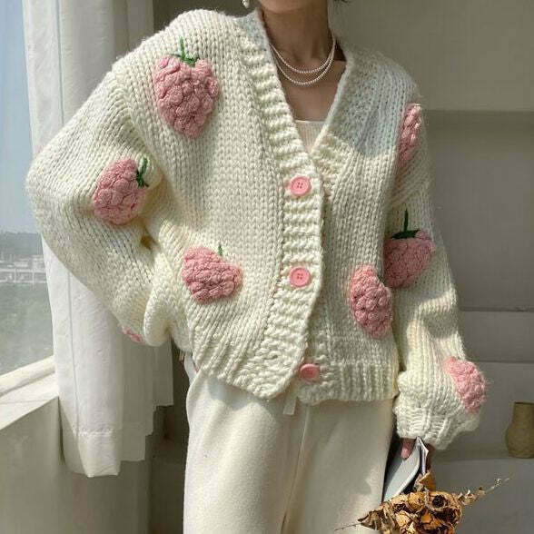 Y2K Fashion Strawberry Knitted Cardigan - Coquette Aesthetic Grunge Style