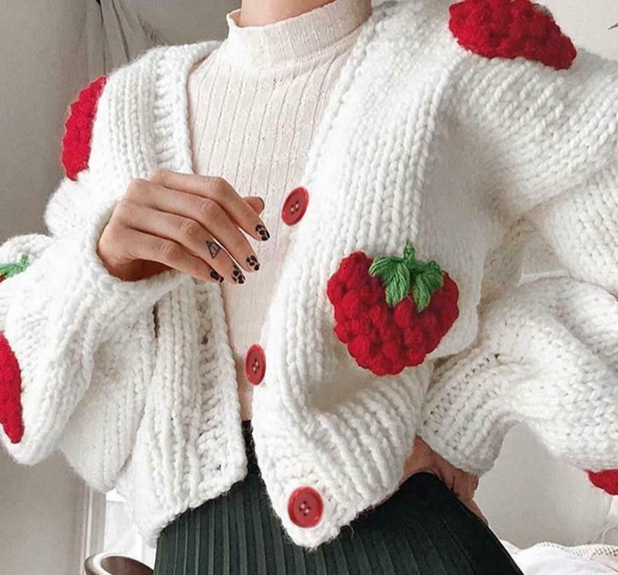 Y2K Fashion Strawberry Knitted Cardigan - Coquette Aesthetic Grunge Style