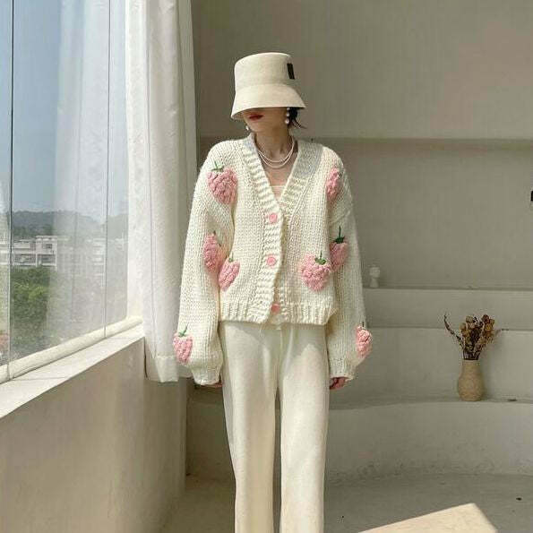 Y2K Fashion Strawberry Knitted Cardigan - Coquette Aesthetic Grunge Style