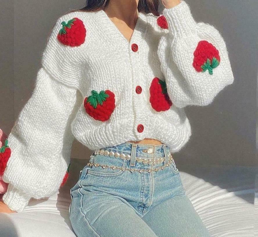 Y2K Fashion Strawberry Knitted Cardigan - Coquette Aesthetic Grunge Style