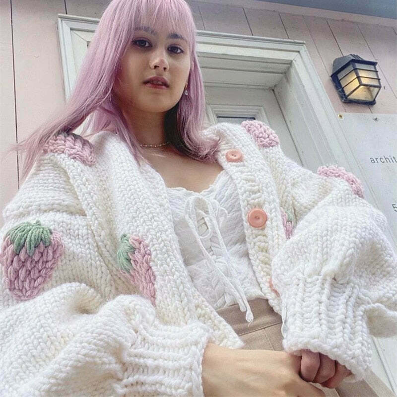 Y2K Fashion Strawberry Knitted Cardigan - Coquette Aesthetic Grunge Style