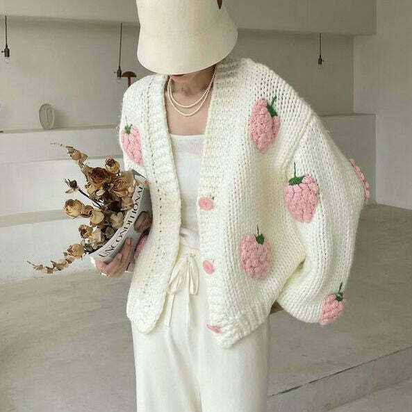 Y2K Fashion Strawberry Knitted Cardigan - Coquette Aesthetic Grunge Style