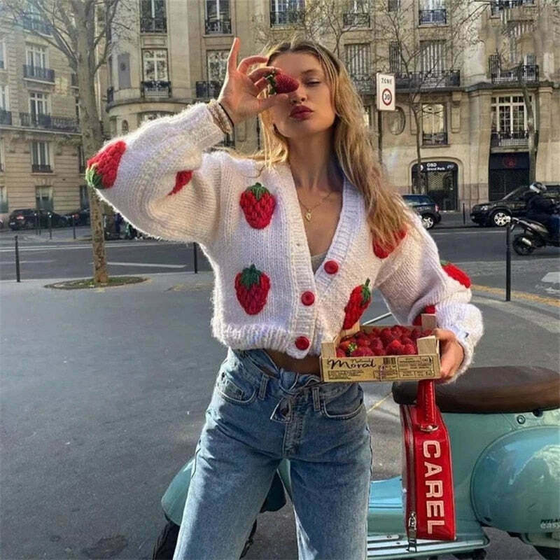 Y2K Fashion Strawberry Knitted Cardigan - Coquette Aesthetic Grunge Style