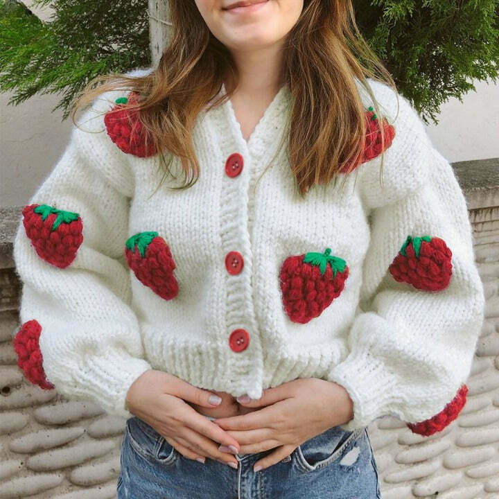 Y2K Fashion Strawberry Knitted Cardigan - Coquette Aesthetic Grunge Style
