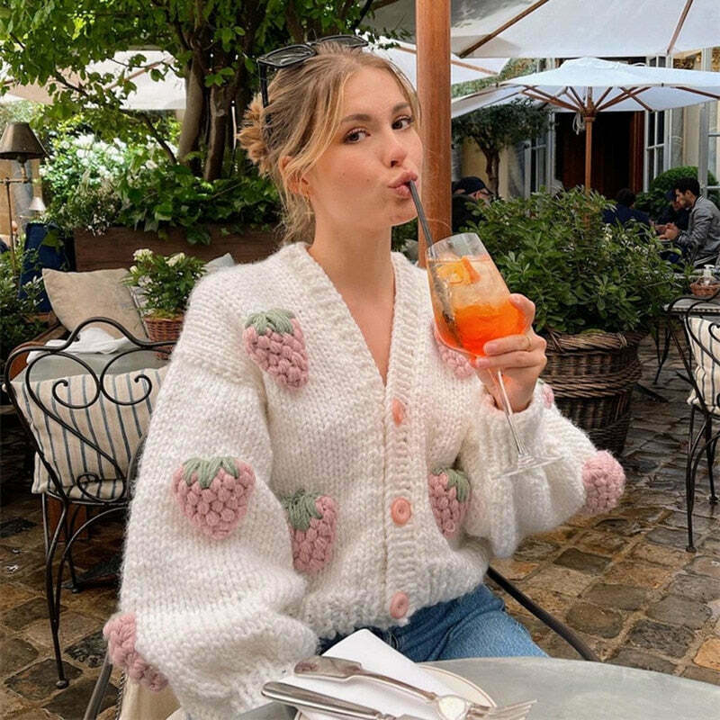 Y2K Fashion Strawberry Knitted Cardigan - Coquette Aesthetic Grunge Style