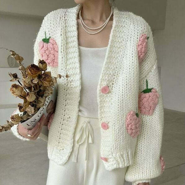 Y2K Fashion Strawberry Knitted Cardigan - Coquette Aesthetic Grunge Style