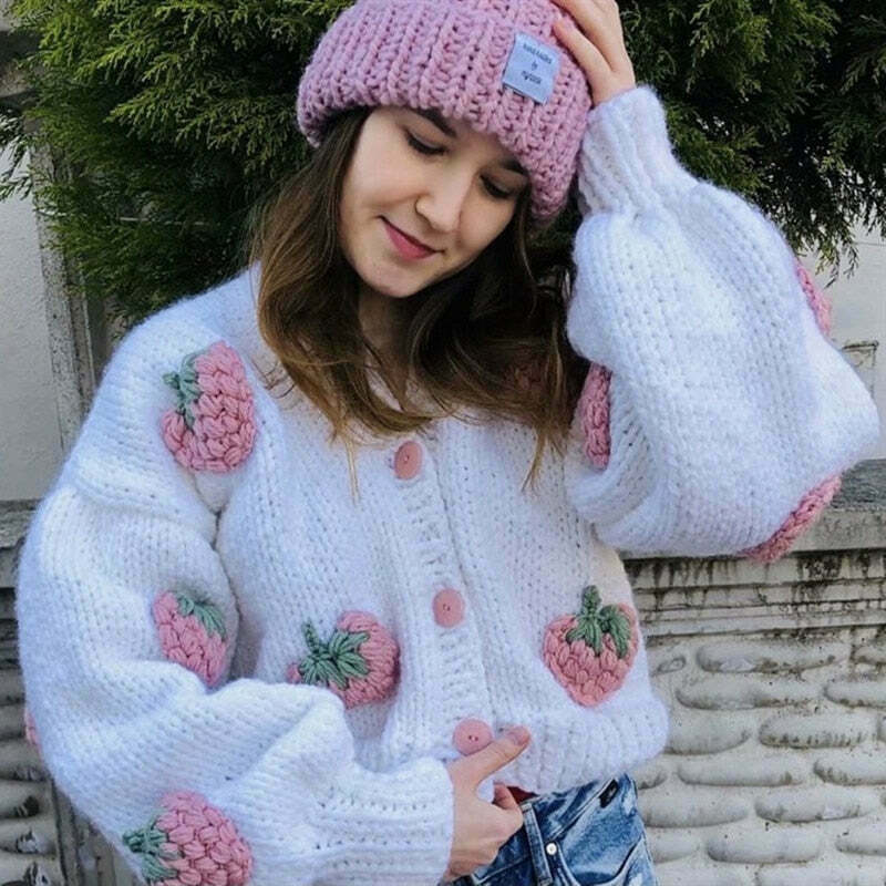 Y2K Fashion Strawberry Knitted Cardigan - Coquette Aesthetic Grunge Style