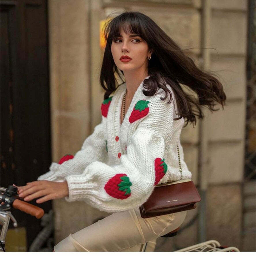 Y2K Fashion Strawberry Knitted Cardigan - Coquette Aesthetic Grunge Style