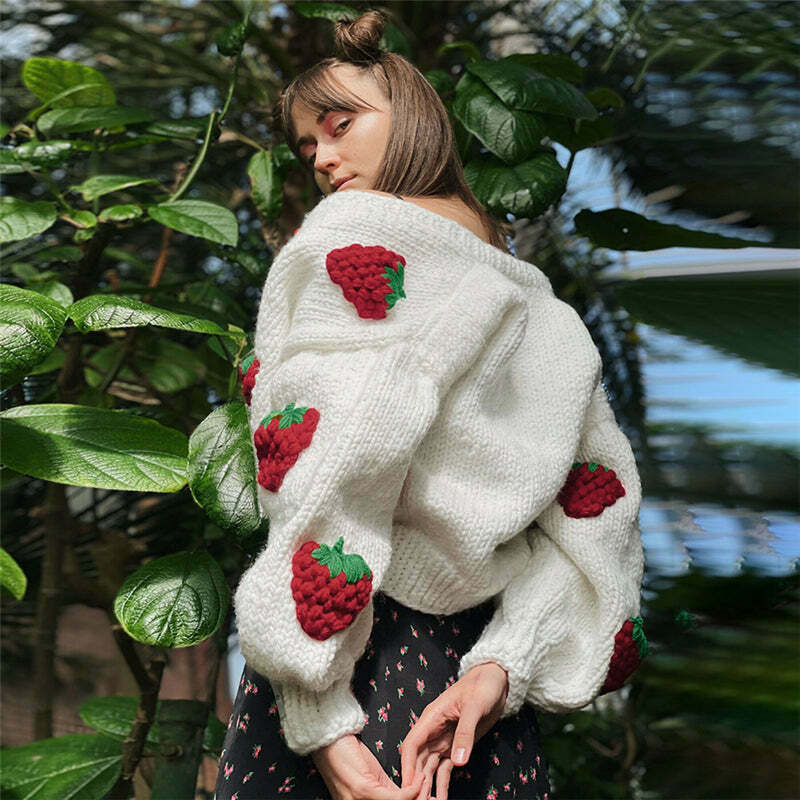 Y2K Fashion Strawberry Knitted Cardigan - Coquette Aesthetic Grunge Style