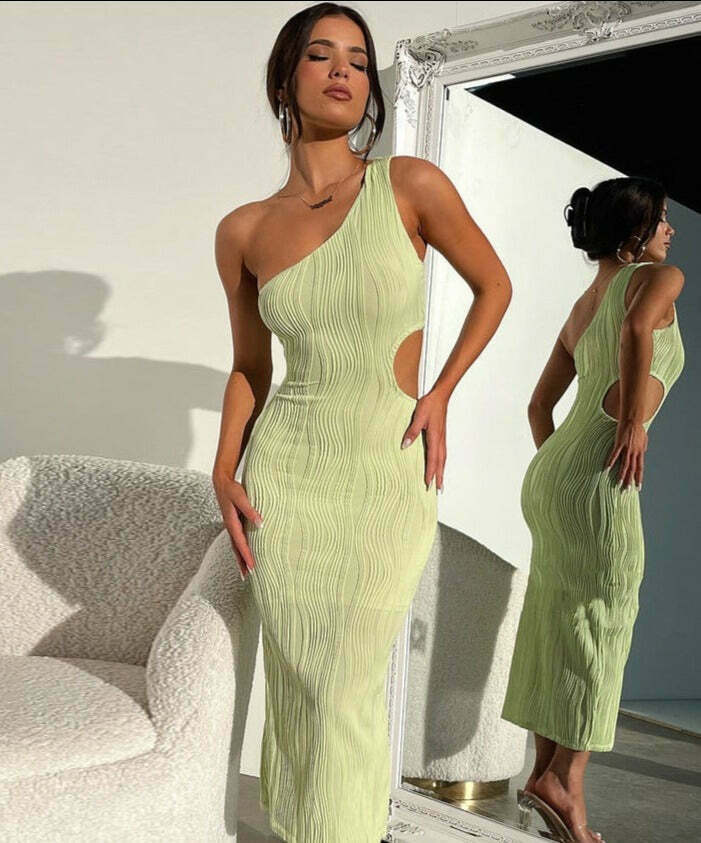 Y2K Fashion Striped Slim Slanted Shoulder Dress - Coquette Aesthetic Grunge Style