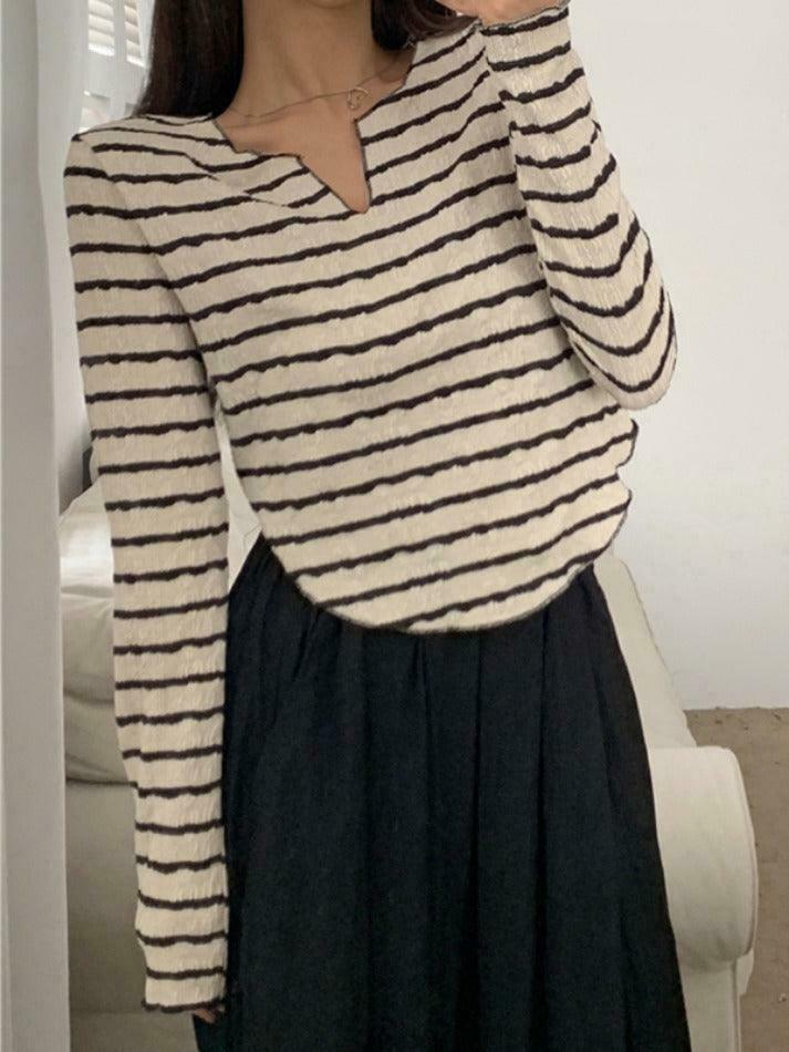 Y2K Fashion Textured Stripe V-Neck Irregular Hem Long Sleeve Tee - Coquette Aesthetic Grunge Style